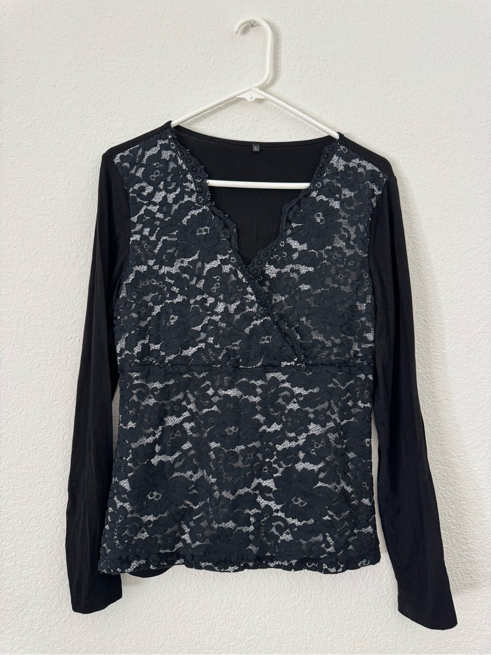 Black Floral Lace Long Sleeve Surplice Top